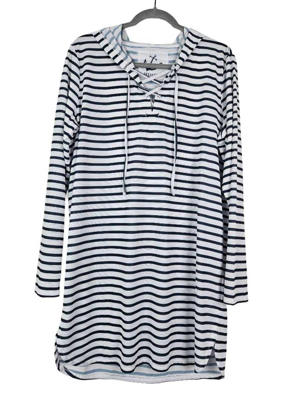 HIHO Suntek Lace Up Pelican Stripe: Bright White/Night Sky Swim Dress L